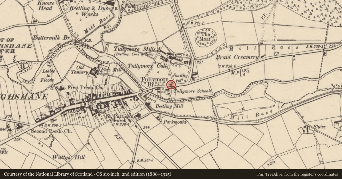 Ordnance Survey six-inch map, 2nd edition (1888–1915) covering the location of 1 Carnlough Road, Mid and East Antrim, with a pin at the register's coordinates