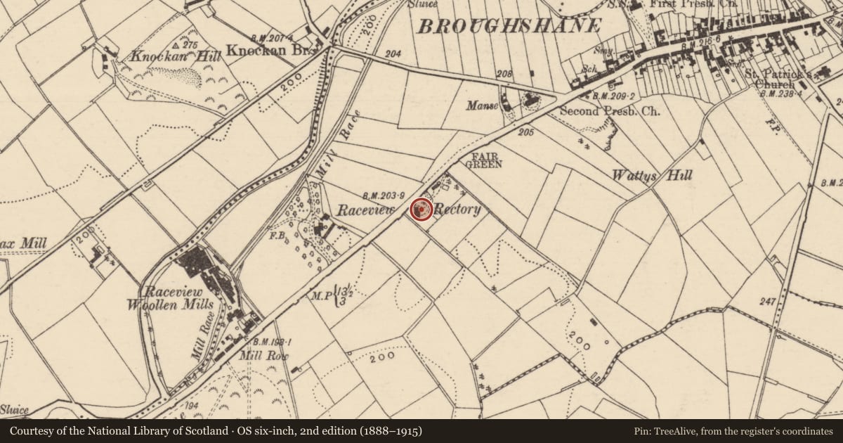 Ordnance Survey six-inch map, 2nd edition (1888–1915) covering the location of "The Rectory", Mid and East Antrim, with a pin at the register's coordinates