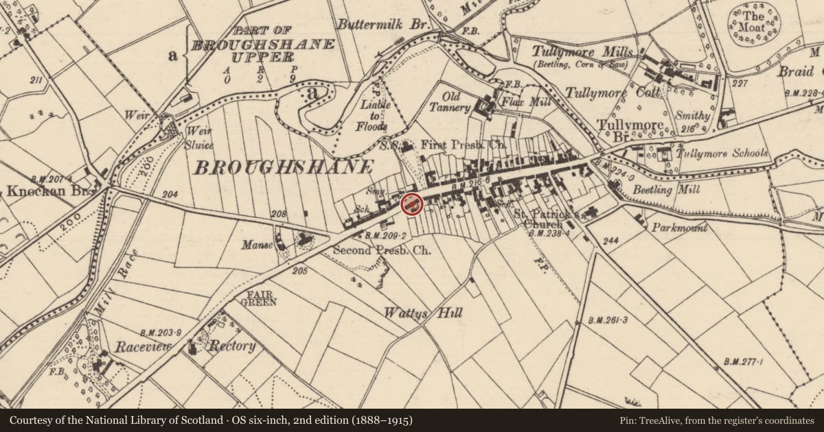 Ordnance Survey six-inch map, 2nd edition (1888–1915) covering the location of 9 Main St., Mid and East Antrim, with a pin at the register's coordinates