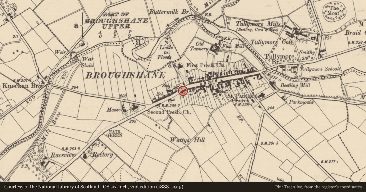 Ordnance Survey six-inch map, 2nd edition (1888–1915) covering the location of 11 Main St., Mid and East Antrim, with a pin at the register's coordinates