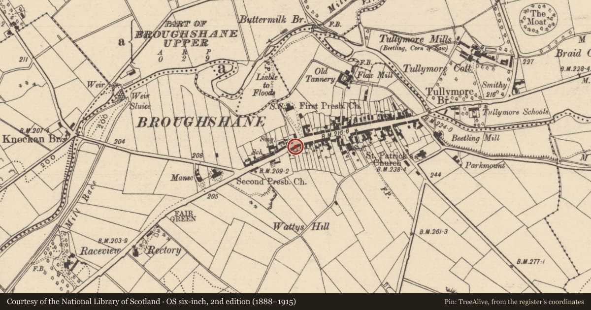 Ordnance Survey six-inch map, 2nd edition (1888–1915) covering the location of 13 Main St., Mid and East Antrim, with a pin at the register's coordinates