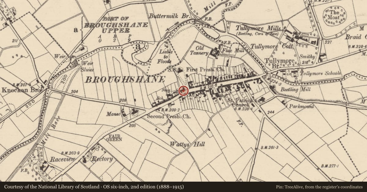 Ordnance Survey six-inch map, 2nd edition (1888–1915) covering the location of Jubilee Water Pump, Broughshane Upper, Mid and East Antrim, with a pin at the register's coordinates