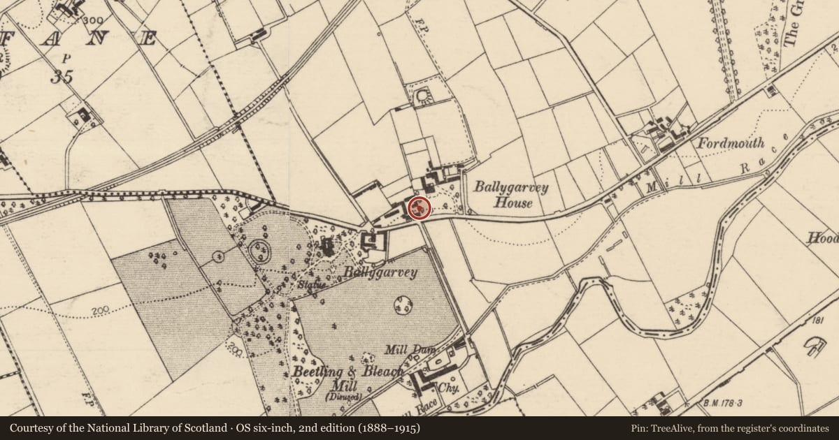 Ordnance Survey six-inch map, 2nd edition (1888–1915) covering the location of 92 Ballygarvey Road, Mid and East Antrim, with a pin at the register's coordinates