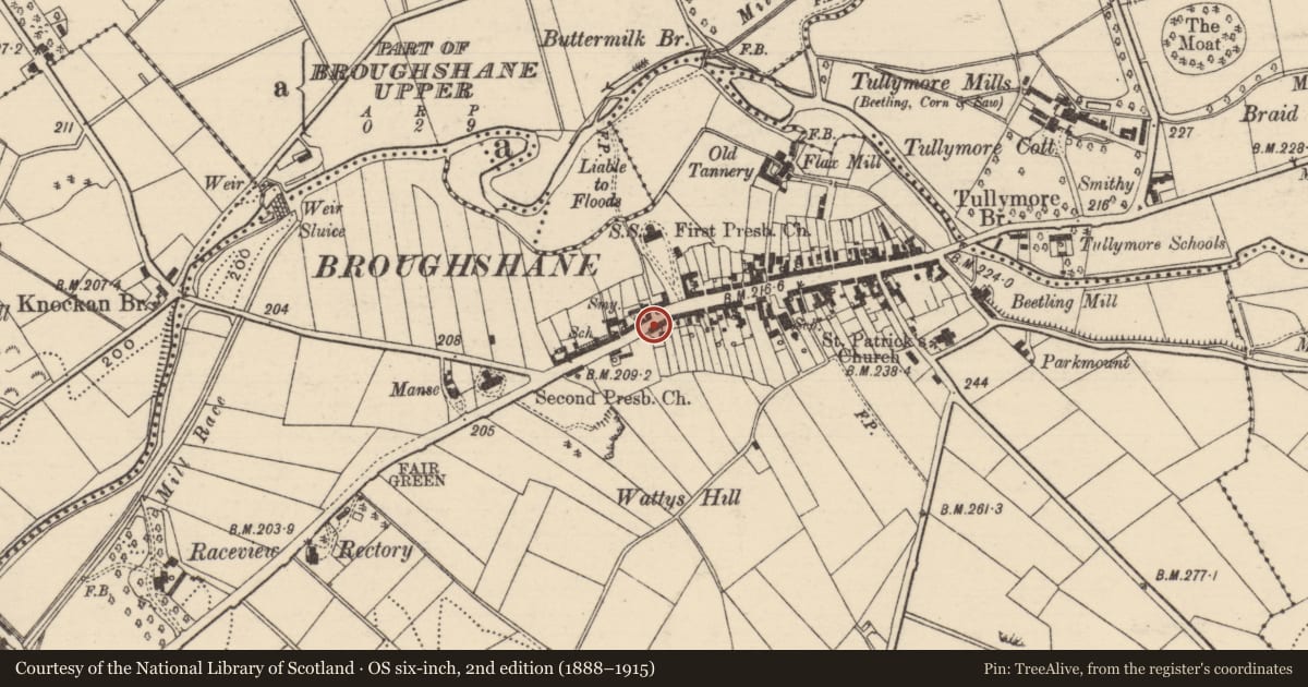 Ordnance Survey six-inch map, 2nd edition (1888–1915) covering the location of Telephone Kiosk Beside, Mid and East Antrim, with a pin at the register's coordinates