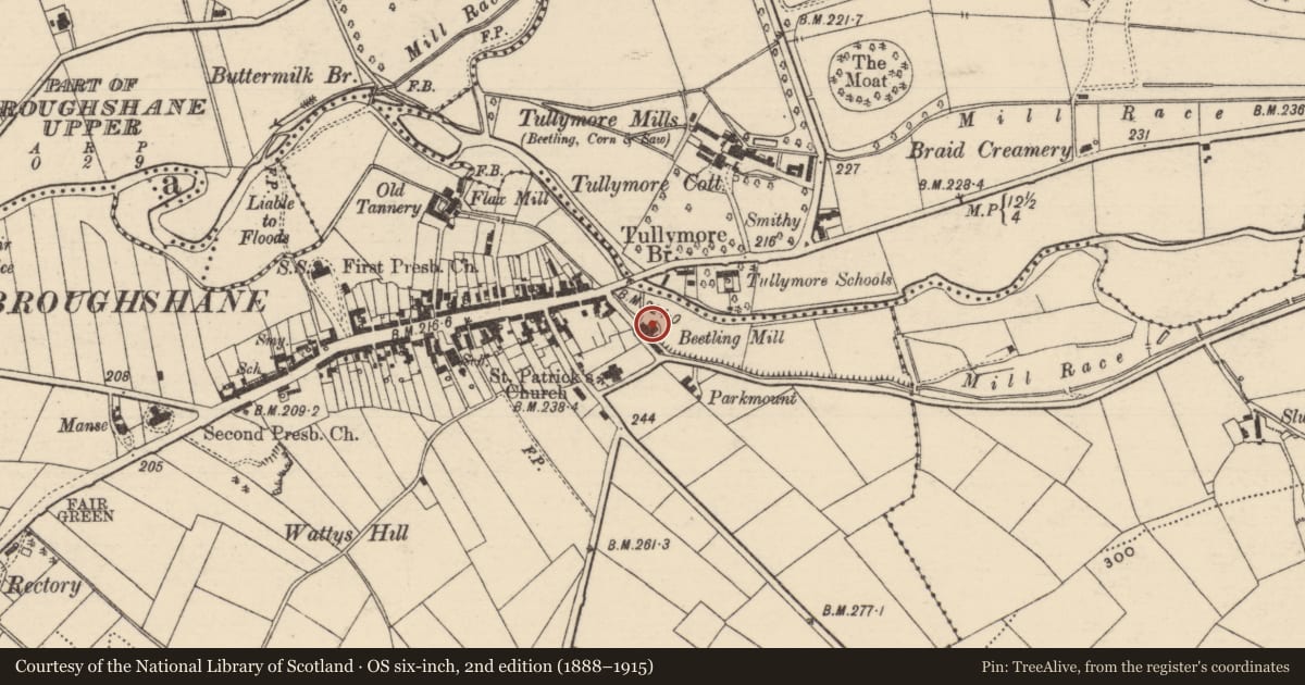 Ordnance Survey six-inch map, 2nd edition (1888–1915) covering the location of Houston'S Mills, Mid and East Antrim, with a pin at the register's coordinates