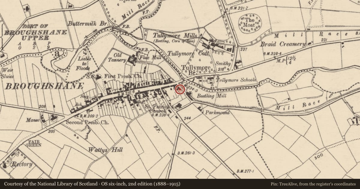 Ordnance Survey six-inch map, 2nd edition (1888–1915) covering the location of 91-97 Main St., Mid and East Antrim, with a pin at the register's coordinates