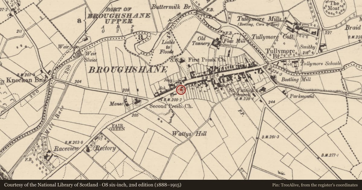 Ordnance Survey six-inch map, 2nd edition (1888–1915) covering the location of Former Police Station, Broughshane Upper, Mid and East Antrim, with a pin at the register's coordinates