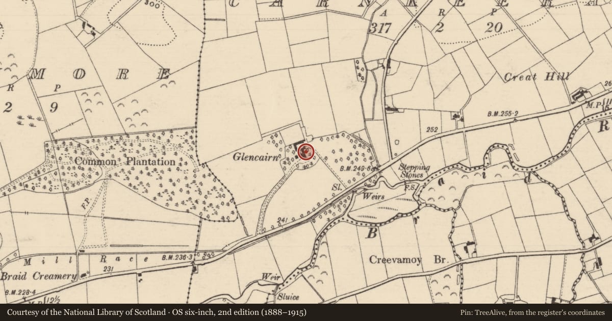 Ordnance Survey six-inch map, 2nd edition (1888–1915) covering the location of GLENCAIRN (Now Carncairn Lodge), Mid and East Antrim, with a pin at the register's coordinates
