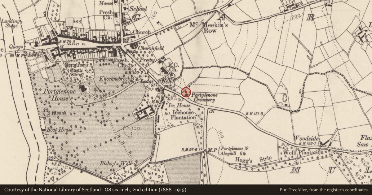 Ordnance Survey six-inch map, 2nd edition (1888–1915) covering the location of Masonic Hall, Mid and East Antrim, with a pin at the register's coordinates