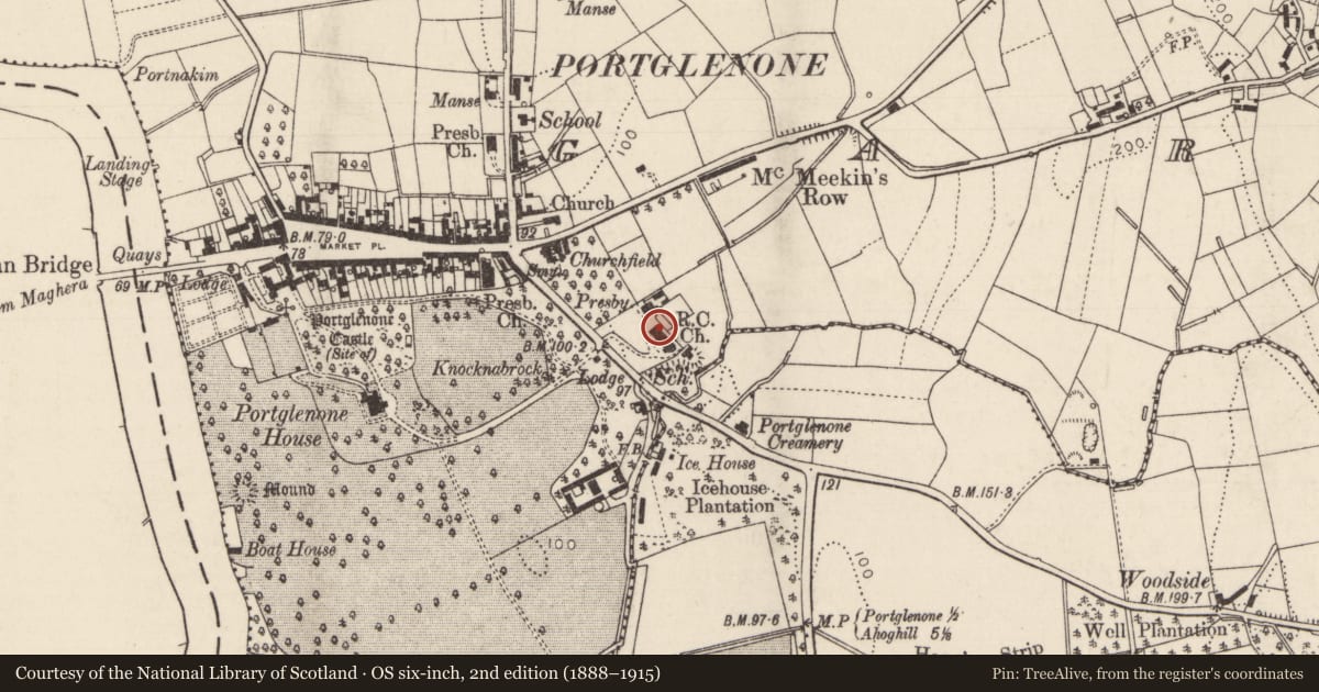 Ordnance Survey six-inch map, 2nd edition (1888–1915) covering the location of St. Mary'S R C CHURCH, Mid and East Antrim, with a pin at the register's coordinates