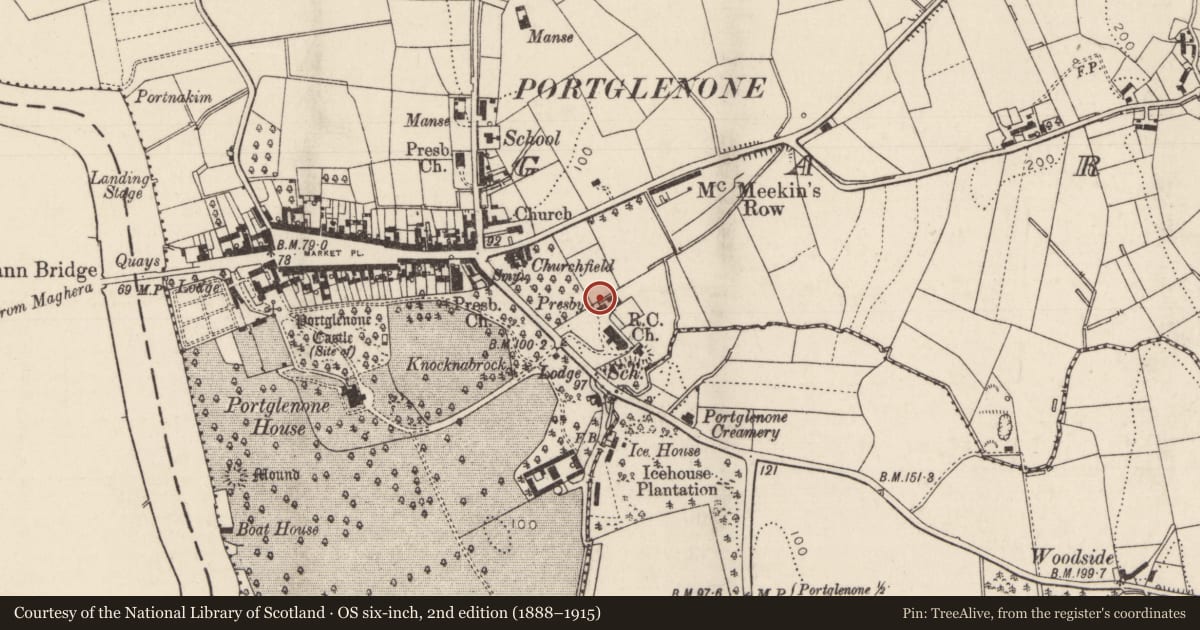 Ordnance Survey six-inch map, 2nd edition (1888–1915) covering the location of Parochial House At St. Mary'S R C CHURCH, Mid and East Antrim, with a pin at the register's coordinates