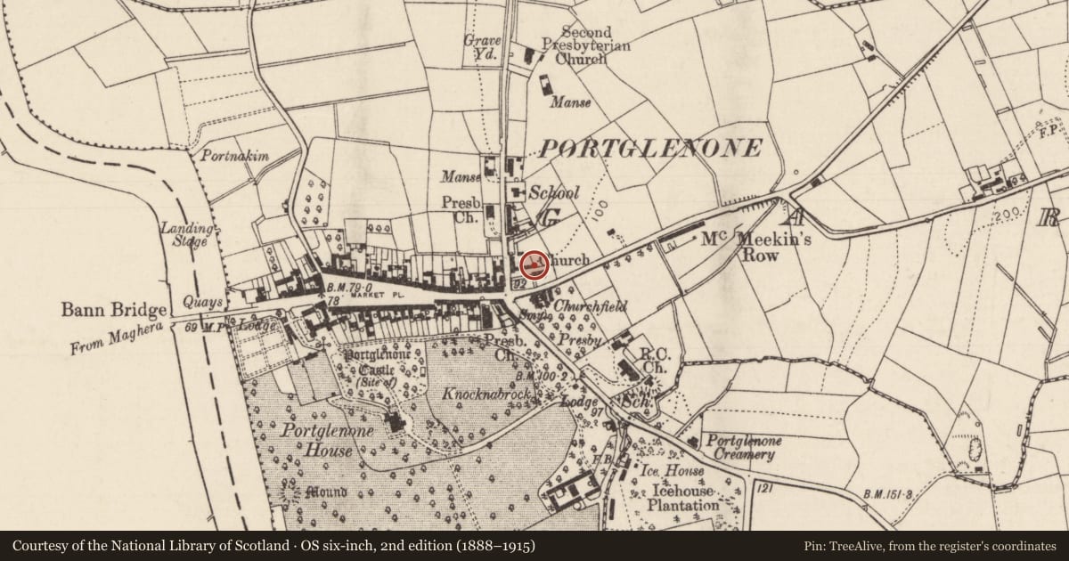 Ordnance Survey six-inch map, 2nd edition (1888–1915) covering the location of Parish Church, Mid and East Antrim, with a pin at the register's coordinates