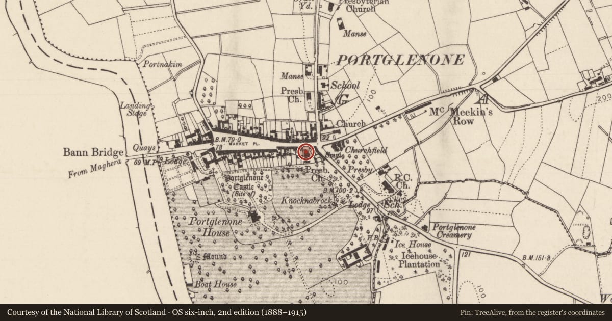 Ordnance Survey six-inch map, 2nd edition (1888–1915) covering the location of First Presbyterian Church, Mid and East Antrim, with a pin at the register's coordinates