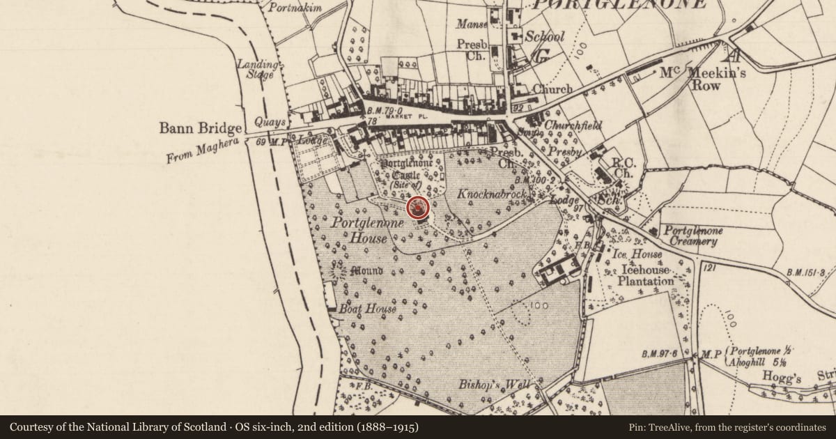 Ordnance Survey six-inch map, 2nd edition (1888–1915) covering the location of Portglenone House, Mid and East Antrim, with a pin at the register's coordinates