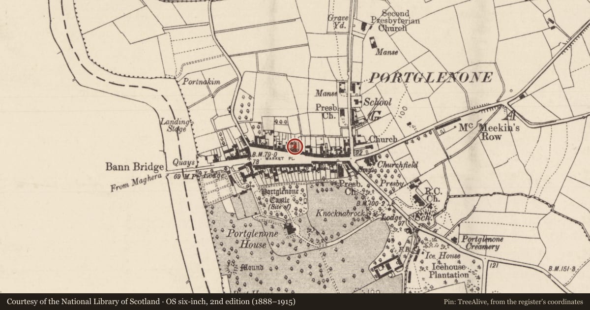 Ordnance Survey six-inch map, 2nd edition (1888–1915) covering the location of 45 Main St., Mid and East Antrim, with a pin at the register's coordinates