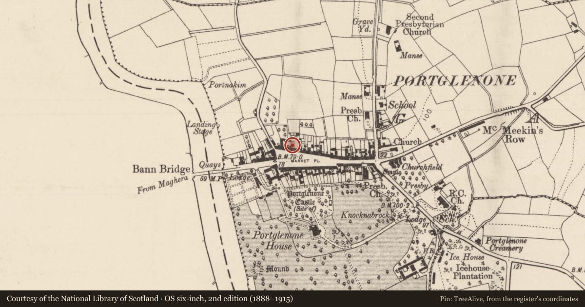 Ordnance Survey six-inch map, 2nd edition (1888–1915) covering the location of Northern Bank, Mid and East Antrim, with a pin at the register's coordinates