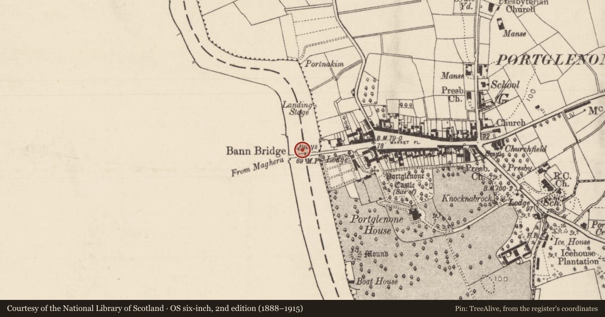 Ordnance Survey six-inch map, 2nd edition (1888–1915) covering the location of Bann Bridge, Mid Ulster, with a pin at the register's coordinates