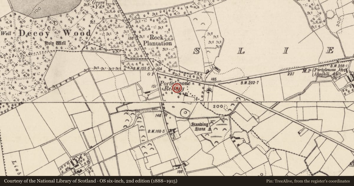 Ordnance Survey six-inch map, 2nd edition (1888–1915) covering the location of Former Rectory, Mid and East Antrim, with a pin at the register's coordinates