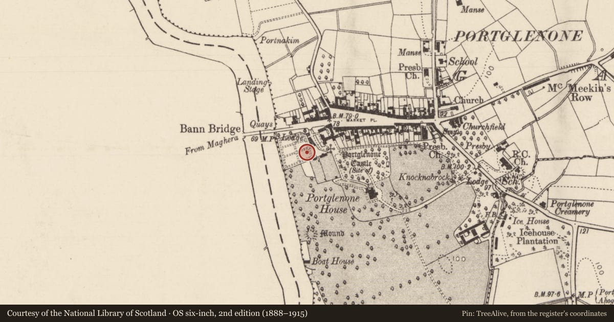 Ordnance Survey six-inch map, 2nd edition (1888–1915) covering the location of Gate Lodge 68 Main Street, Portglenone, Ballymena, Co Antrim, BT44 8HS, Mid and East Antrim, with a pin at the register's coordinates