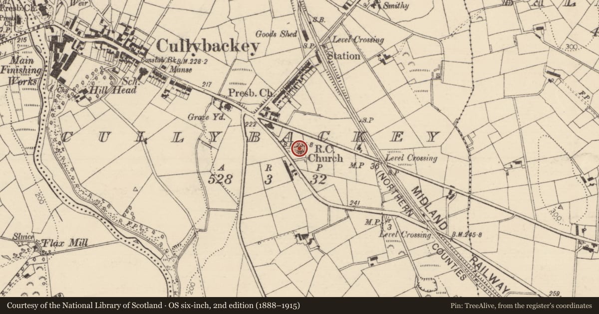 Ordnance Survey six-inch map, 2nd edition (1888–1915) covering the location of R C Church Of The Immaculate Conception, Mid and East Antrim, with a pin at the register's coordinates
