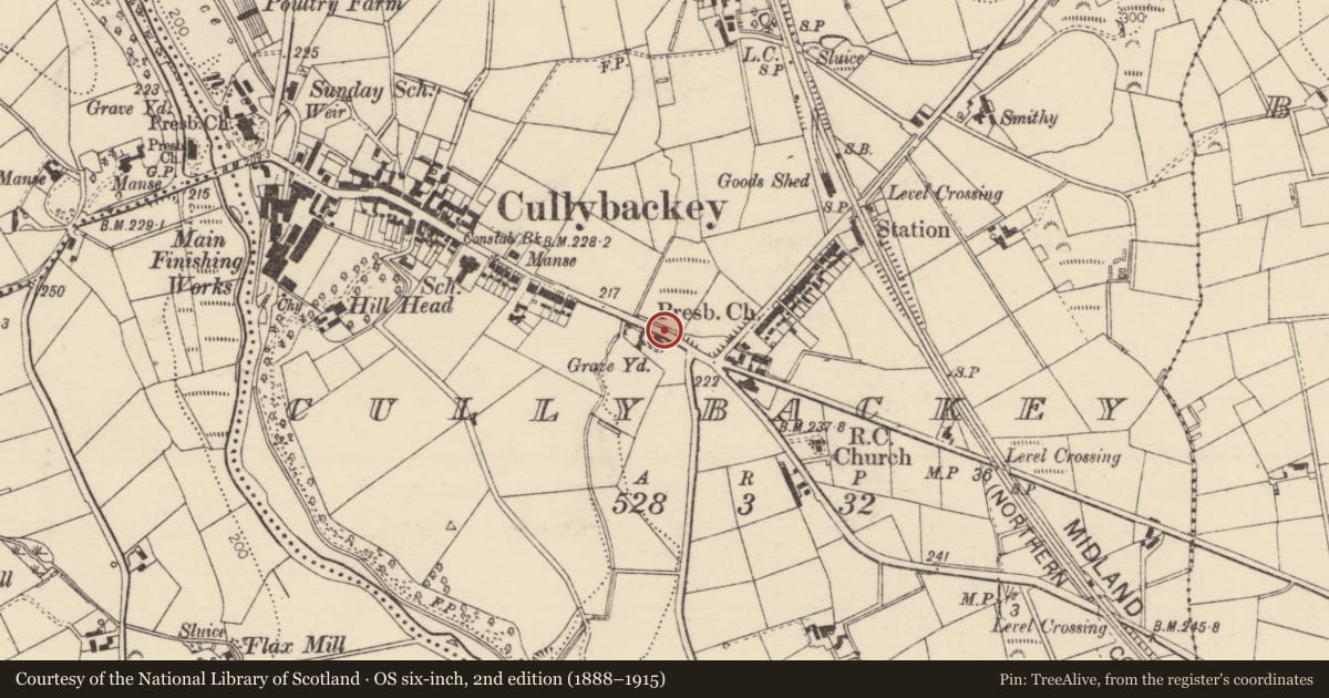 Ordnance Survey six-inch map, 2nd edition (1888–1915) covering the location of Reformed Presbyterian Church, Cullybackey, Mid and East Antrim, with a pin at the register's coordinates