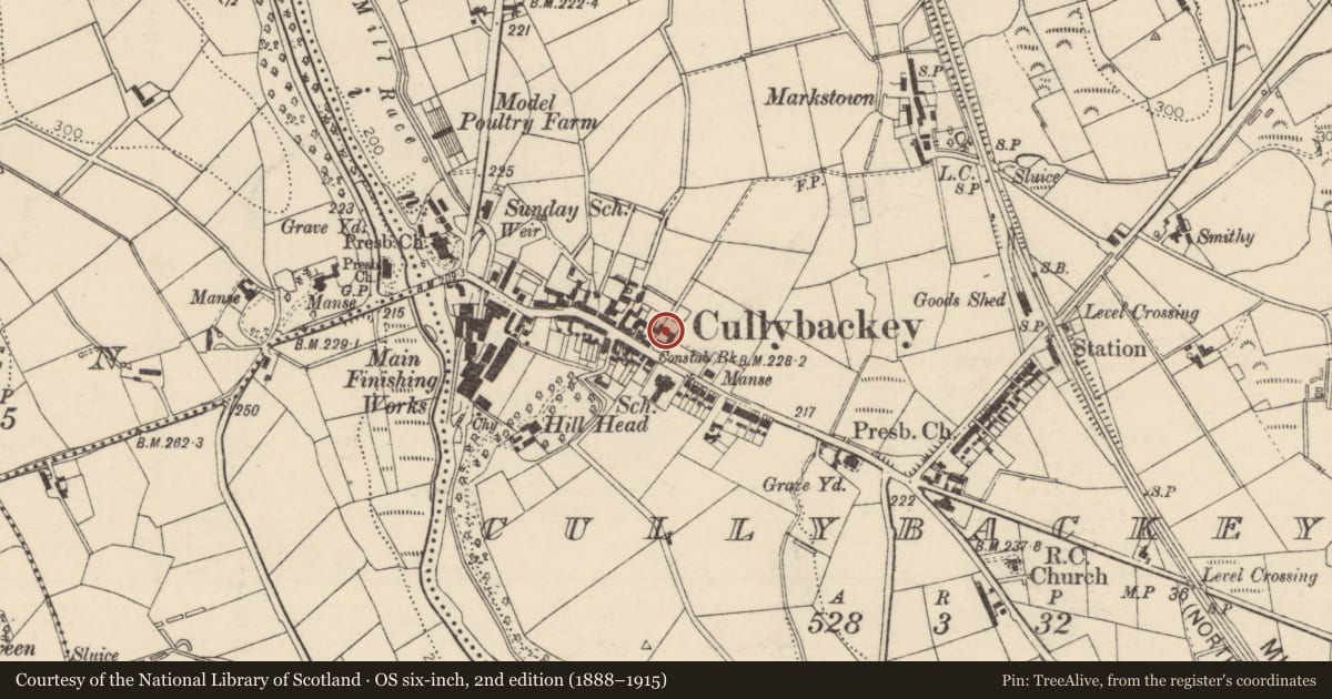 Ordnance Survey six-inch map, 2nd edition (1888–1915) covering the location of 65-65A Main St., Mid and East Antrim, with a pin at the register's coordinates