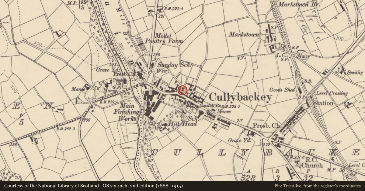 Ordnance Survey six-inch map, 2nd edition (1888–1915) covering the location of 83 Main St., Mid and East Antrim, with a pin at the register's coordinates