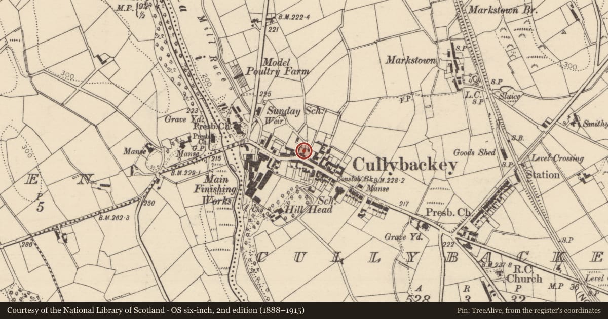 Ordnance Survey six-inch map, 2nd edition (1888–1915) covering the location of 89 Main St., Mid and East Antrim, with a pin at the register's coordinates