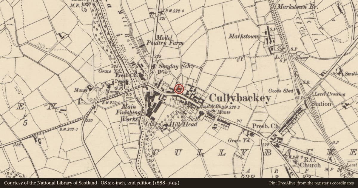Ordnance Survey six-inch map, 2nd edition (1888–1915) covering the location of 91 Main St., Mid and East Antrim, with a pin at the register's coordinates
