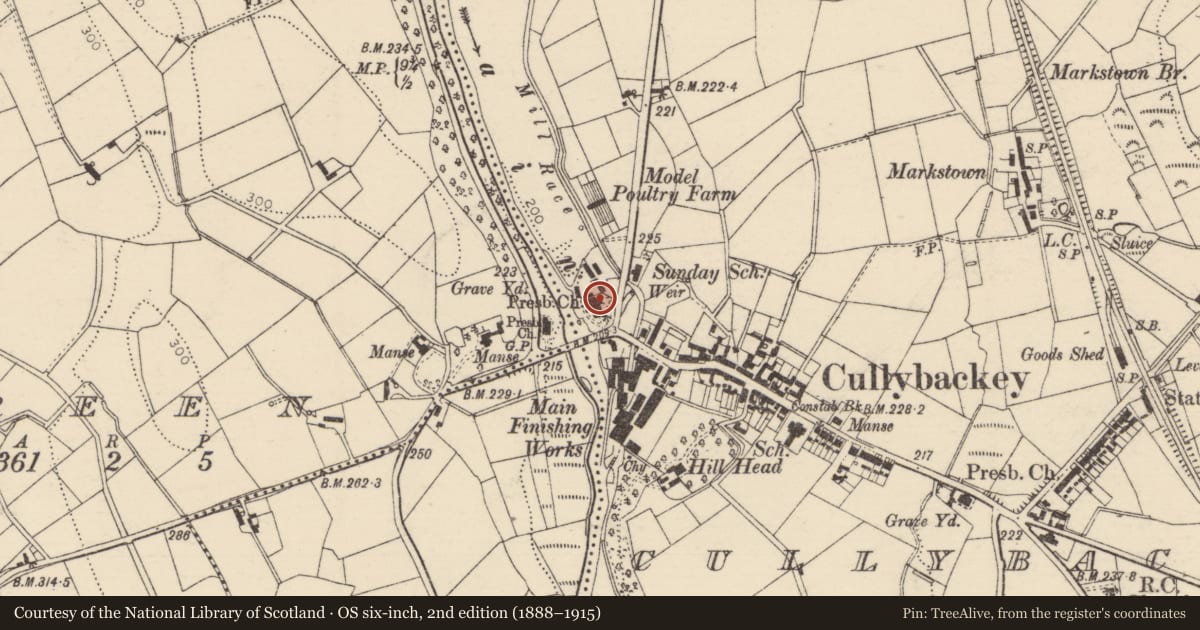 Ordnance Survey six-inch map, 2nd edition (1888–1915) covering the location of Cunningham Memorial Presbyterian Church, Mid and East Antrim, with a pin at the register's coordinates