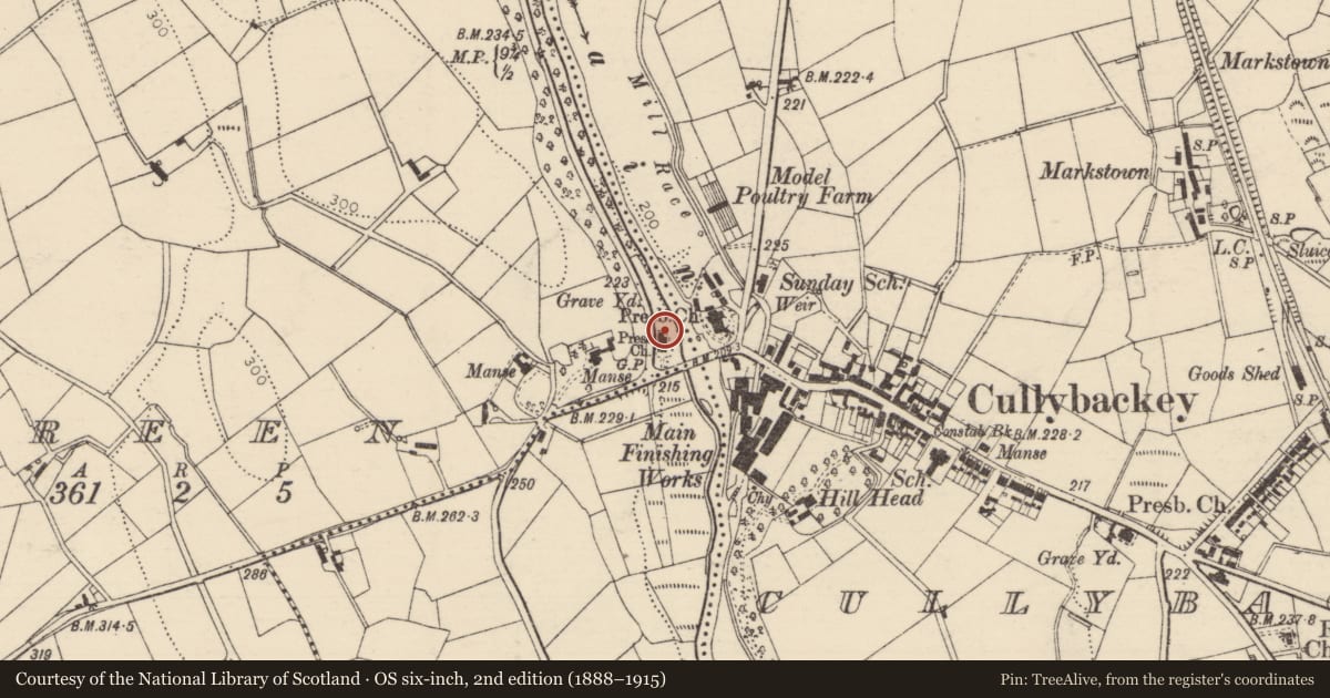 Ordnance Survey six-inch map, 2nd edition (1888–1915) covering the location of Former Methodist Church, Mid and East Antrim, with a pin at the register's coordinates