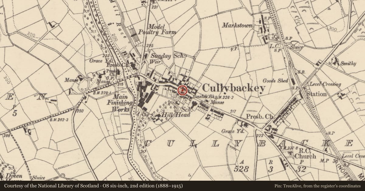 Ordnance Survey six-inch map, 2nd edition (1888–1915) covering the location of Stewart'S Public House, Mid and East Antrim, with a pin at the register's coordinates