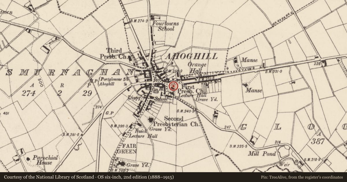 Ordnance Survey six-inch map, 2nd edition (1888–1915) covering the location of First Presbyterian Church, Mid and East Antrim, with a pin at the register's coordinates