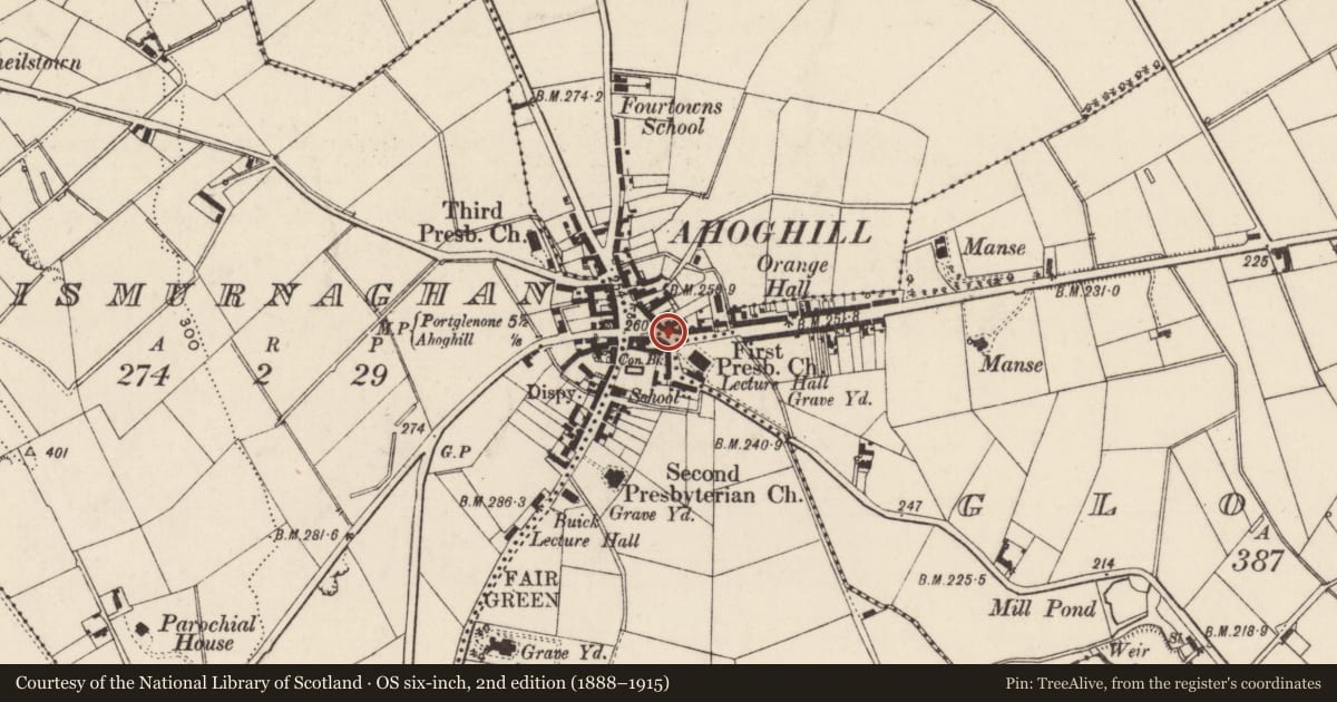 Ordnance Survey six-inch map, 2nd edition (1888–1915) covering the location of 3 Main St., Mid and East Antrim, with a pin at the register's coordinates
