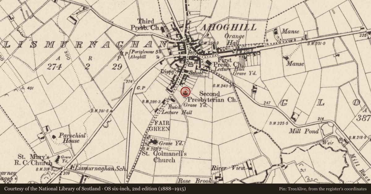 Ordnance Survey six-inch map, 2nd edition (1888–1915) covering the location of Trinity Presbyterian Church, Mid and East Antrim, with a pin at the register's coordinates