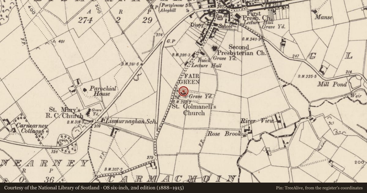 Ordnance Survey six-inch map, 2nd edition (1888–1915) covering the location of St. Colmanell'S C OF I CHURCH, Mid and East Antrim, with a pin at the register's coordinates