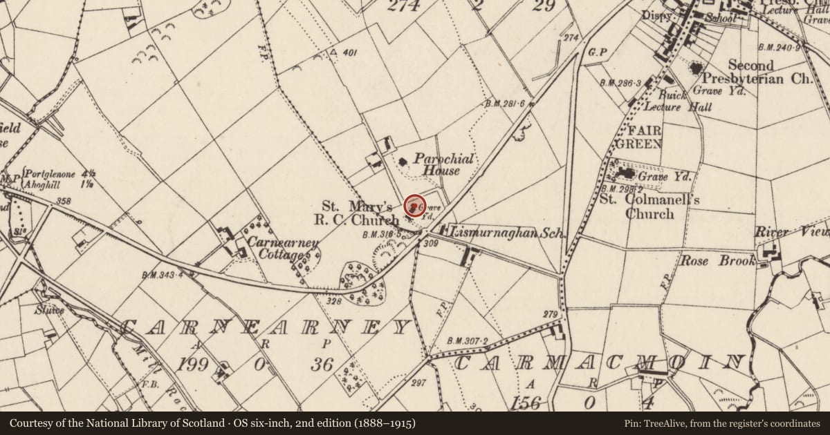 Ordnance Survey six-inch map, 2nd edition (1888–1915) covering the location of St. Mary'S R C CHURCH, Mid and East Antrim, with a pin at the register's coordinates