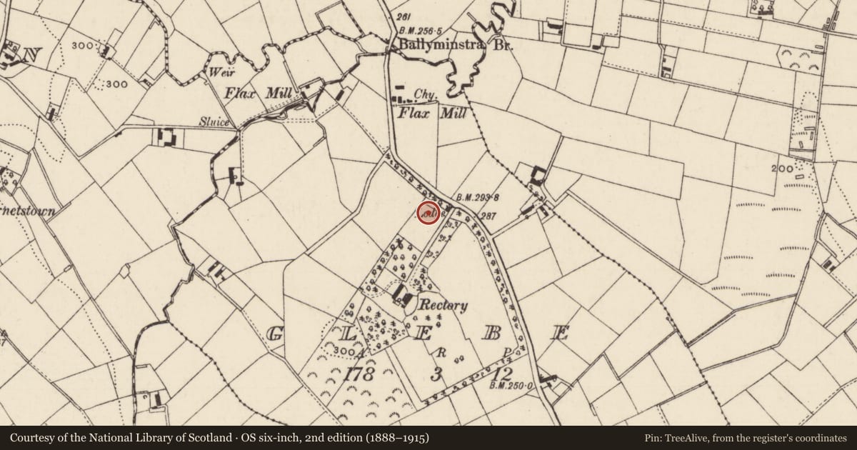 Ordnance Survey six-inch map, 2nd edition (1888–1915) covering the location of 53 Glebe Road, Mid and East Antrim, with a pin at the register's coordinates