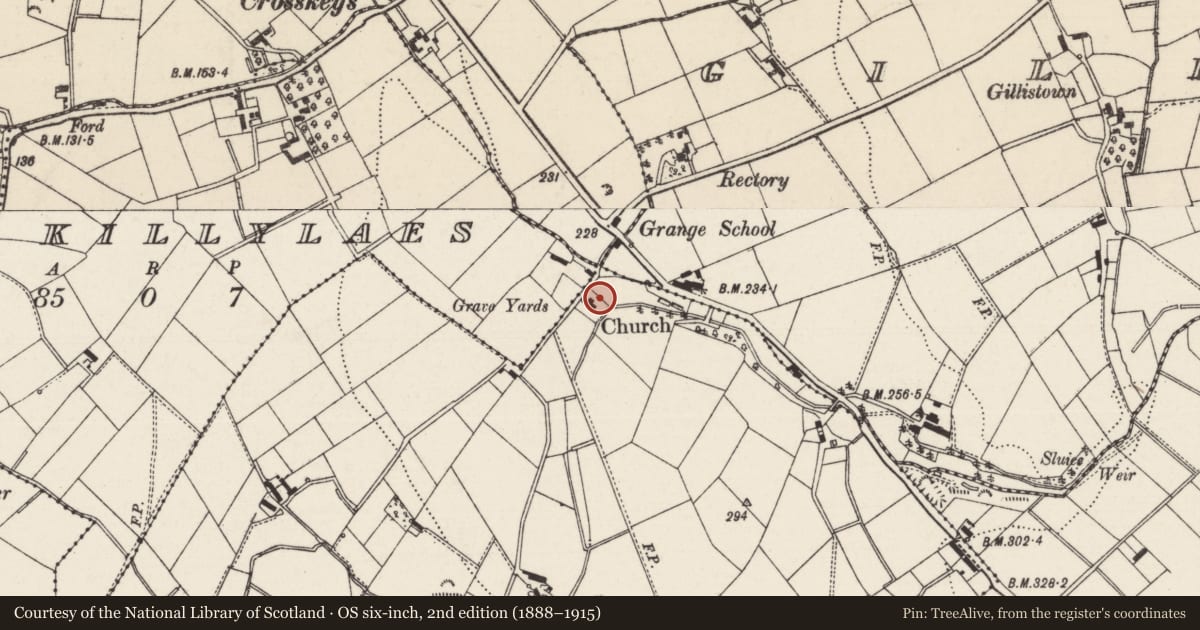 Ordnance Survey six-inch map, 2nd edition (1888–1915) covering the location of Ballyscullion Parish Church, Mid and East Antrim, with a pin at the register's coordinates