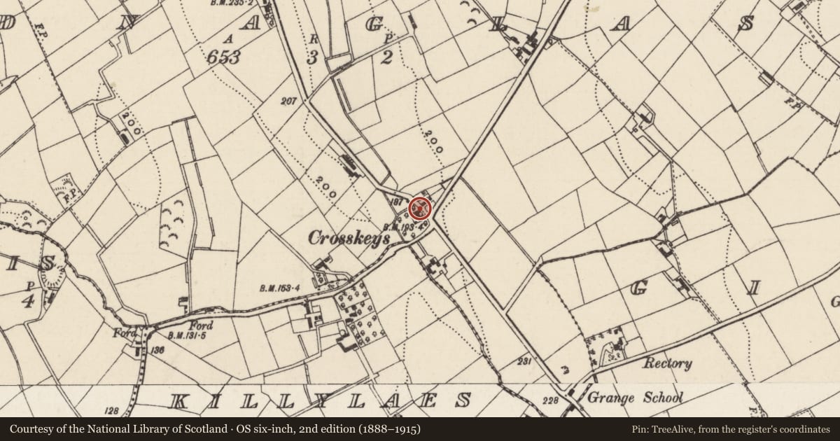 Ordnance Survey six-inch map, 2nd edition (1888–1915) covering the location of Crosskeys Inn, Ardnaglass, Mid and East Antrim, with a pin at the register's coordinates