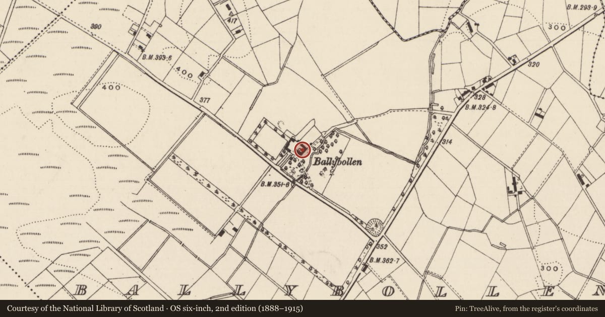 Ordnance Survey six-inch map, 2nd edition (1888–1915) covering the location of Ballybollan House, Mid and East Antrim, with a pin at the register's coordinates