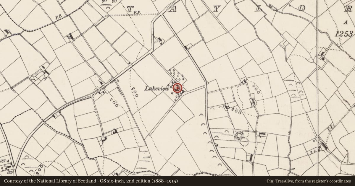 Ordnance Survey six-inch map, 2nd edition (1888–1915) covering the location of "LAKEVIEW ", Mid and East Antrim, with a pin at the register's coordinates