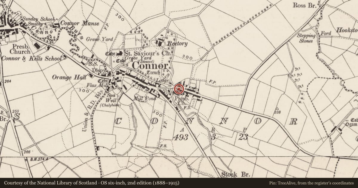 Ordnance Survey six-inch map, 2nd edition (1888–1915) covering the location of Connor Presbyterian Church, Mid and East Antrim, with a pin at the register's coordinates