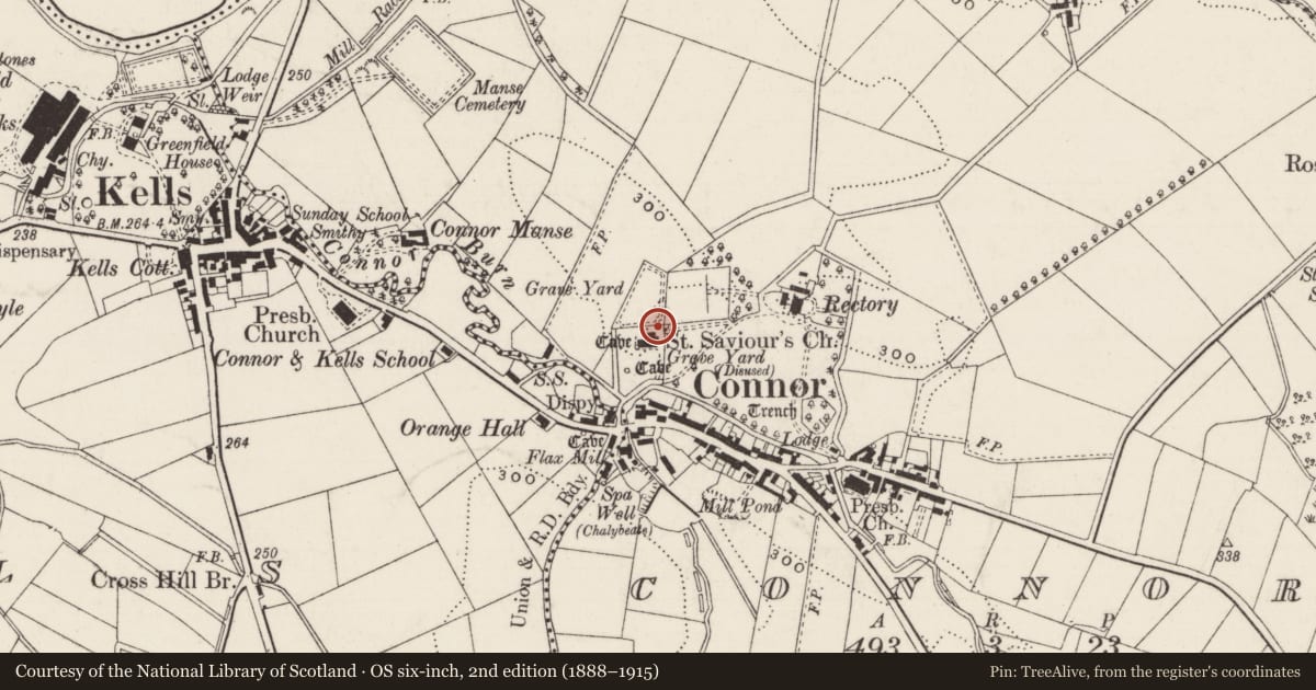 Ordnance Survey six-inch map, 2nd edition (1888–1915) covering the location of St. Saviour'S (COFI) CHURCH, Mid and East Antrim, with a pin at the register's coordinates