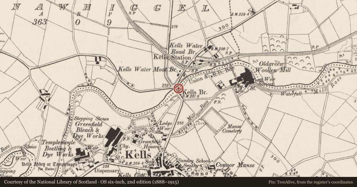 Ordnance Survey six-inch map, 2nd edition (1888–1915) covering the location of Kells Bridge, Mid and East Antrim, with a pin at the register's coordinates