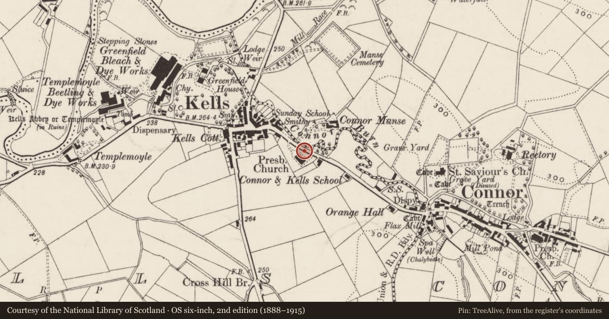 Ordnance Survey six-inch map, 2nd edition (1888–1915) covering the location of Presbyterian Church, Mid and East Antrim, with a pin at the register's coordinates