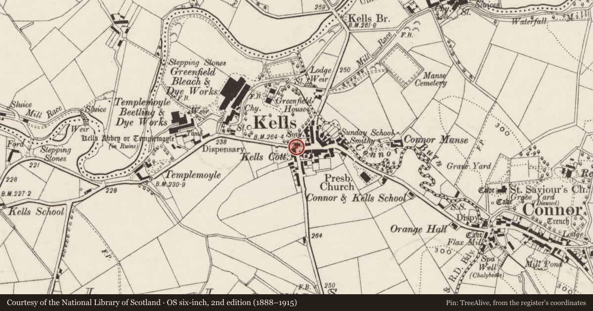Ordnance Survey six-inch map, 2nd edition (1888–1915) covering the location of Kells Cottage (And Railings), Mid and East Antrim, with a pin at the register's coordinates