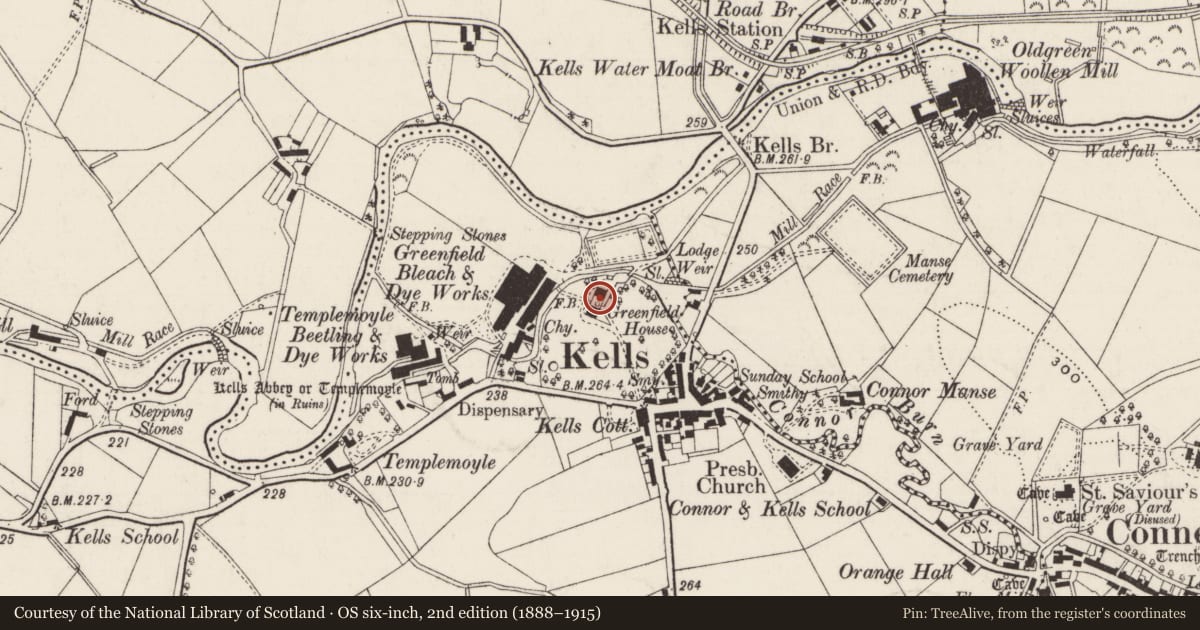 Ordnance Survey six-inch map, 2nd edition (1888–1915) covering the location of "GREENFIELD", Mid and East Antrim, with a pin at the register's coordinates
