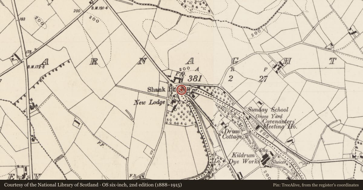 Ordnance Survey six-inch map, 2nd edition (1888–1915) covering the location of Shank Bridge, Mid and East Antrim, with a pin at the register's coordinates