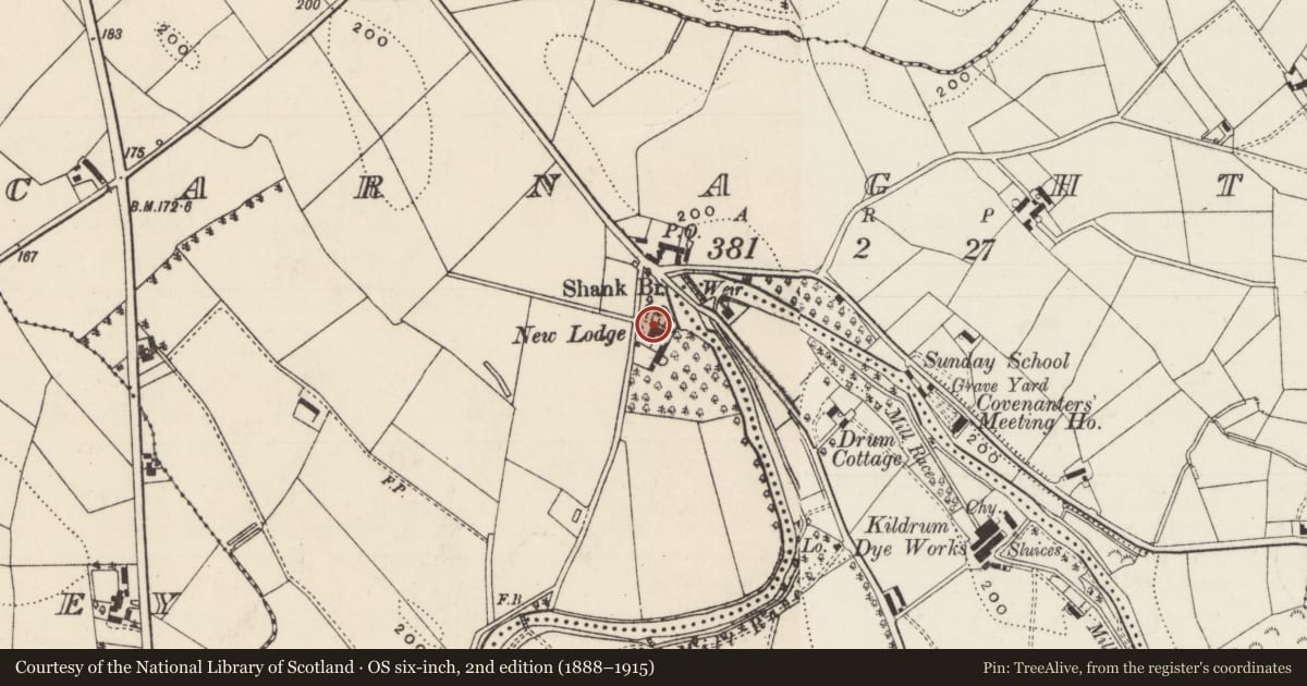 Ordnance Survey six-inch map, 2nd edition (1888–1915) covering the location of "New Lodge", Mid and East Antrim, with a pin at the register's coordinates